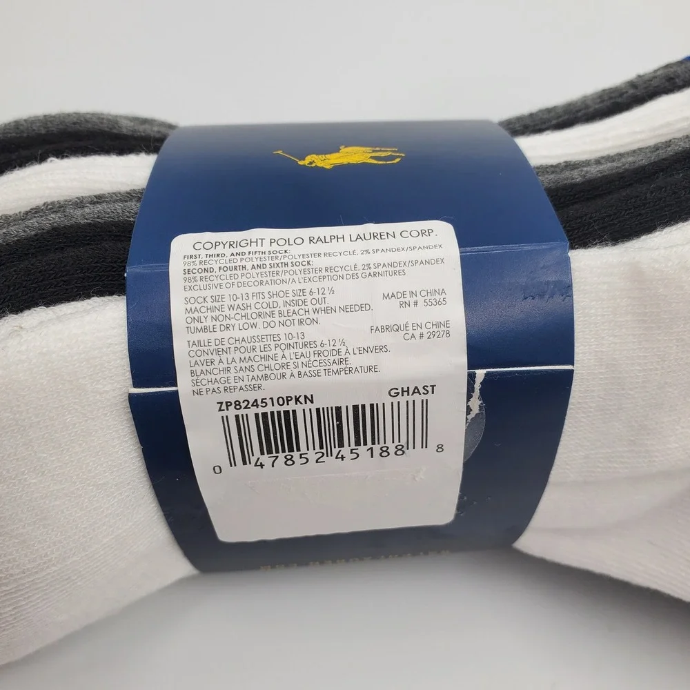 Polo Ralph Lauren Mens 6 Pack Classic Sport Socks Grey White Black Blue 10-13